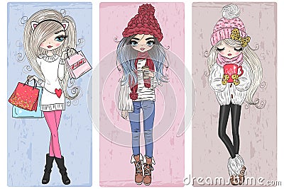 Hand drawn beautiful cute winter girl with coffee in his hand. Vector Illustration