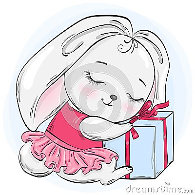 Hand drawn beautiful cute winter rabbit girl with gift. Vector Illustration