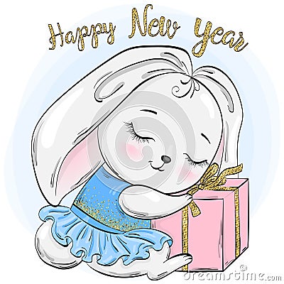 Hand drawn beautiful cute winter rabbit girl with the words Happy New Year. Vector Illustration