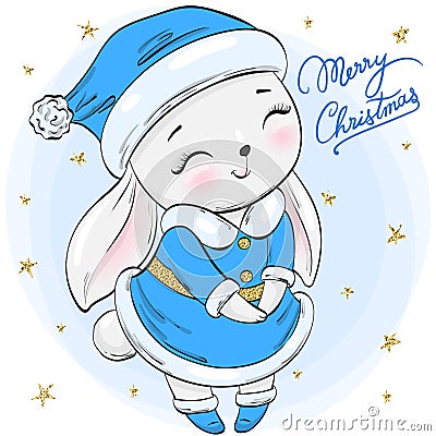 Hand drawn beautiful cute winter rabbit girl with the words Merry Christmas. Vector Illustration