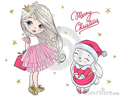 Hand drawn beautiful cute winter rabbit and girl with the words Merry Christmas. Vector Illustration