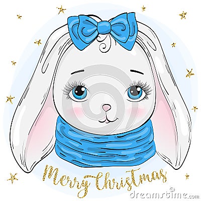 Hand drawn beautiful cute winter rabbit girl with the words Merry Christmas. Vector Illustration