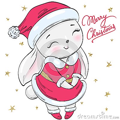 Hand drawn beautiful cute winter rabbit. Vector Illustration