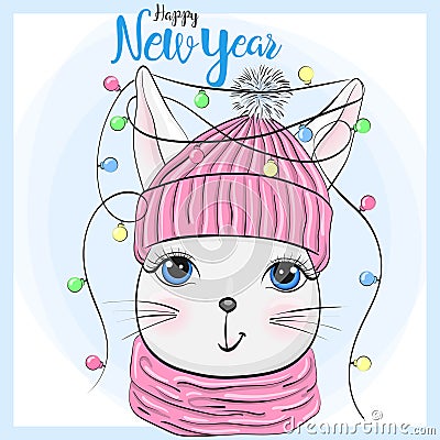 Hand drawn beautiful cute winter rabbit with the words Happy New Year. Vector Illustration