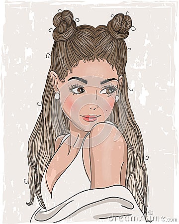 Hand drawn beautiful cute young girl. Vector Illustration