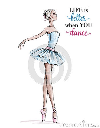 Hand drawn beautiful dancing woman. Pretty ballerina. Girl in pink point shoes. Ballerina in blue dress. Beautiful balet dancer. Stock Photo