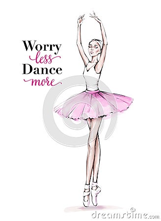 Hand drawn beautiful dancing woman. Pretty ballerina. Girl in pink point shoes. Ballerina in pink tutu. Cartoon Illustration