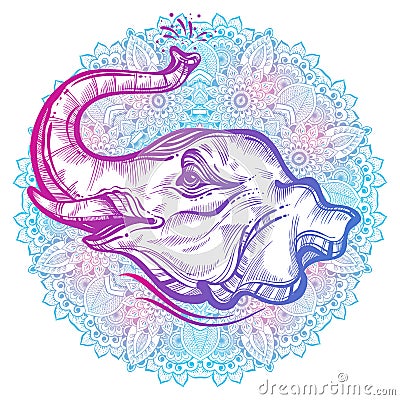 Hand-drawn beautiful elephant head with indian Mandala, round ornament pattern. Hagh-detailed vector illustration. Africa, India. Vector Illustration