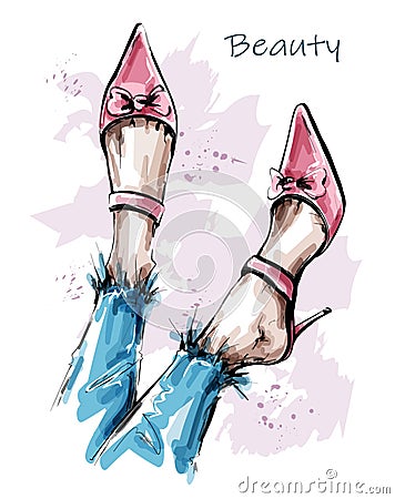 Hand drawn beautiful female legs with pink shoes. Fashion shoes. Sketch. Vector Illustration