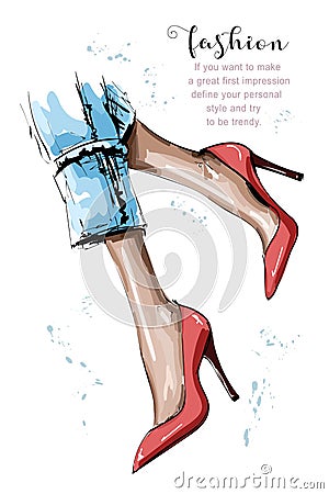 Hand drawn beautiful female legs. Stylish women red shoes. Sketch. Vector Illustration