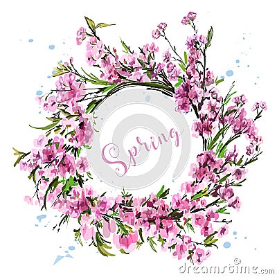 Hand drawn beautiful flower wreath. Cute spring cherry blossoms. Stylish sakura wreath. Sketch. Vector Illustration