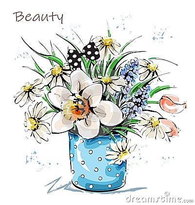 Hand drawn beautiful flowers in vase. Cute flower bouquet. Sketch. Vector Illustration