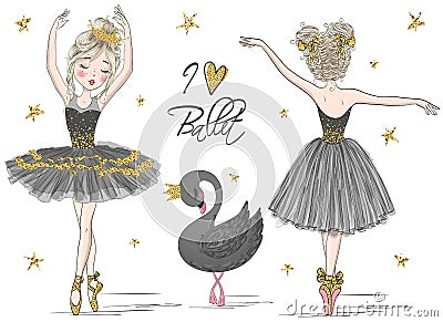 Hand drawn beautiful, lovely ballerina girl with flowers on her head and background with eiffel tower. Vector Illustration