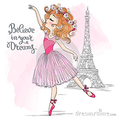 Hand drawn beautiful, lovely, little ballerina girl with flowers on her head and background with eiffel tower. Vector Illustration
