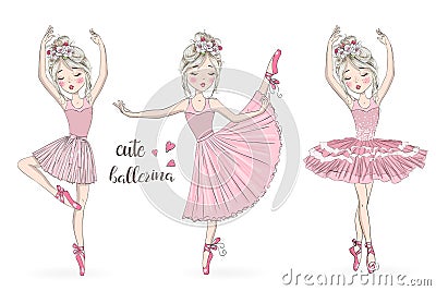 Hand drawn beautiful, lovely, little ballerina girl with freckles and flowers on her head. Vector Illustration