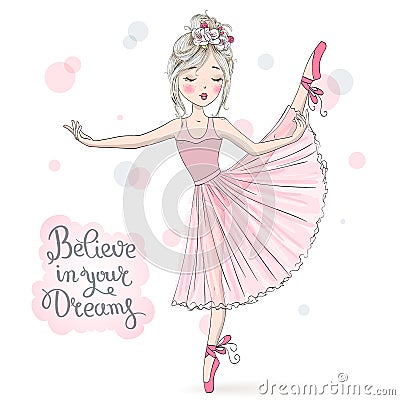 Hand drawn beautiful, lovely, little ballerina girl with freckles and flowers on her head. Vector Illustration