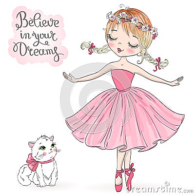 Hand drawn beautiful, lovely, little ballerina. Vector Illustration