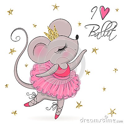 Hand drawn beautiful, lovely, little mouse ballerina girl with crown on her head. Vector Illustration