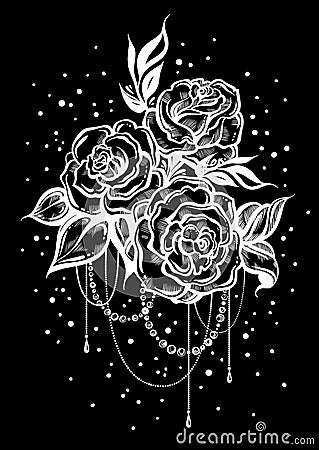 Hand-drawn beautiful roses in linear style over the blackboard. Vintage chalk. Tattoo art. Graphic vintage composition. Vector art Vector Illustration