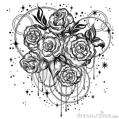 Hand-drawn beautiful roses in linear style with sacred geometry and stars. Tattoo art. Graphic vintage composition. Vector art. Vector Illustration