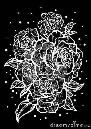 Hand-drawn beautiful roses. Tattoo art. Graphic vintage composition. Vector illustration isolated. T-shirts, print, posters Vector Illustration