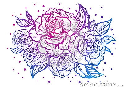 Hand-drawn beautiful roses. Tattoo art. Graphic vintage composition. Vector illustration isolated. T-shirts, print, posters Vector Illustration