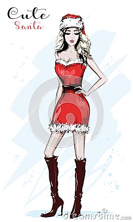Hand drawn beautiful santa woman. Stylish woman in santa red hat and red dress. Fashion lady. Sketch. Vector Illustration