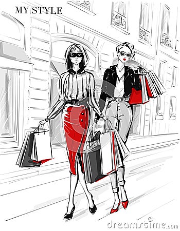 Hand drawn beautiful two young women with shopping bags. Fashion woman in red skirt. Women on street background. Cartoon Illustration