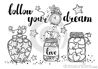 Hand drawn beautiful vintage jars full of stars, hearts and love. Boho style. Vector art illustrating the concept of love. Vector Illustration