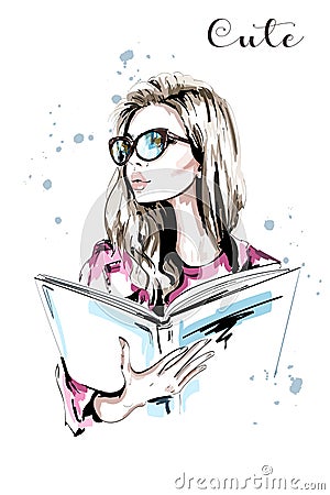 Hand drawn beautiful woman with book. Fashion woman in eyeglasses. Stylish blond hair girl portrait. Sketch. Vector Illustration