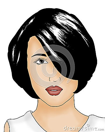 Hand drawn beautiful woman face with a black short vector illustration Vector Illustration