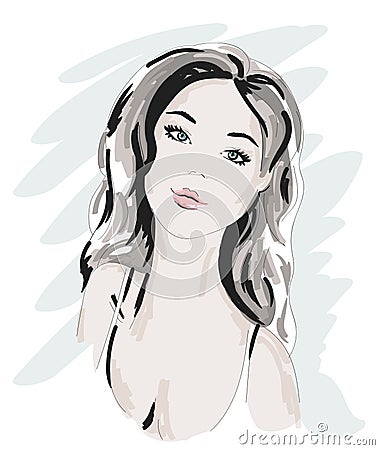 Hand drawn beautiful woman portrait. fashionable girl with curly hair. Sketch. Vector illustration. Vector Illustration