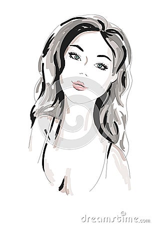 Hand drawn beautiful woman portrait. fashionable girl with curly hair. Sketch. Vector illustration. Vector Illustration