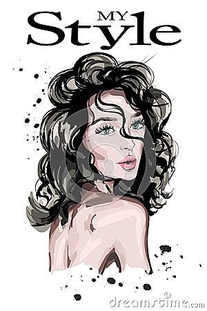 Hand drawn beautiful woman portrait. Cute stylish lady. Vector Illustration