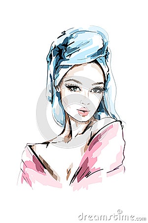 Hand drawn beautiful woman portrait. Fashion woman with bath towel on her head. Sketch. Vector Illustration