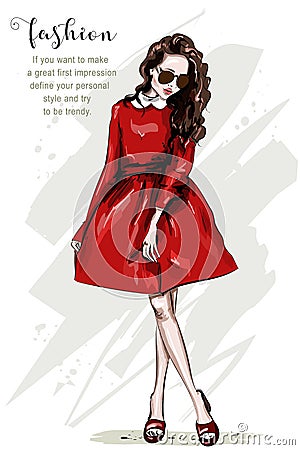 Hand drawn beautiful woman in red dress. Fashion woman full body portrait. Stylish girl in sunglasses. Vector Illustration