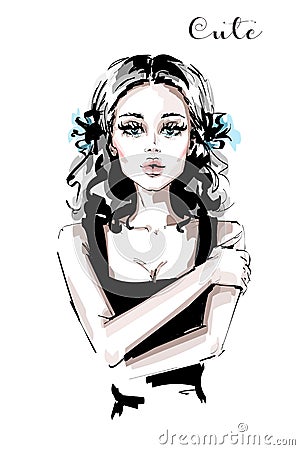 Hand drawn beautiful young blonde hair woman. Stylish elegant girl. Fashion woman portrait. Vector Illustration