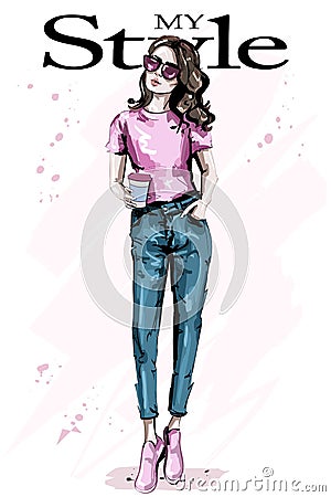 Hand drawn beautiful young brown hair woman. Stylish elegant girl. Fashion woman outfit. Vector Illustration