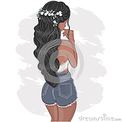 Hand-drawn beautiful young brunette woman with luxurious hair,stylish girl in summer clothes. tanned girl in shorts Vector Illustration