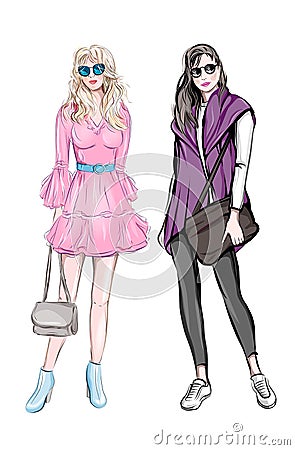 Hand drawn beautiful young girls with handbags. Stylish cute girls in sunglasses. Sketch. Fashion illustration. Two fashion women Vector Illustration