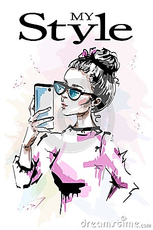 Hand drawn beautiful young with phone in her hand. Stylish elegant girl in sunglasses. Fashion woman making selfie. Vector Illustration