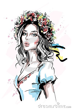 Hand drawn beautiful young ukrainian woman in flower wreath and ethnic clothes. Stylish elegant girl. Fashion woman portrait. Vector Illustration