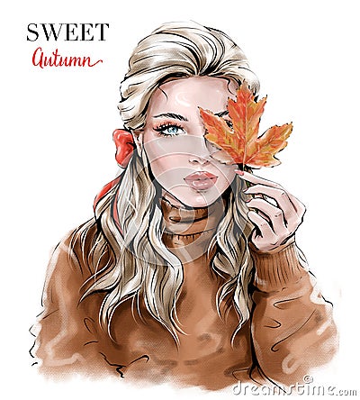 Hand drawn beautiful young woman with autumn leaf. Fashion woman. Cartoon Illustration