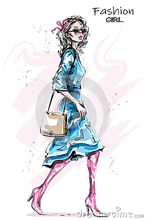 Hand drawn beautiful young woman with bag. Stylish elegant girl in dress. Fashion woman look. Vector Illustration