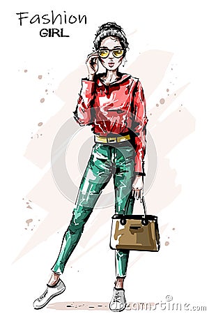 Hand drawn beautiful young woman with bag. Stylish elegant girl outfit. Fashion woman in sunglasses. Vector Illustration