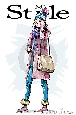 Hand drawn beautiful young woman with bag. Stylish female winter look. Fashion woman outfit. Vector Illustration