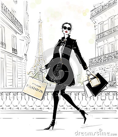 Hand drawn beautiful young woman with bags. Fashion look. Stylish girl in fashion clothes with Paris street background. Sketch. Cartoon Illustration