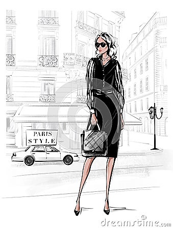 Hand drawn beautiful young woman in black dress. Fashion woman with bag. Girl in black shoes with Paris street background. Sketch. Cartoon Illustration