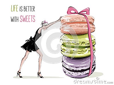 Hand drawn beautiful young woman in black dress. Fashion woman pushing colorful macaroons. Fashion female look. Beautiful set. Cartoon Illustration