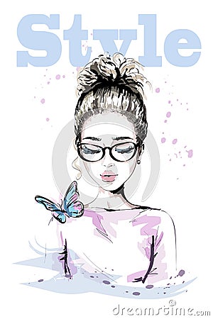 Hand drawn beautiful young woman with colorful butterfly. Fashion woman with stylish hairstyle. Cute girl in eyeglasses. Vector Illustration